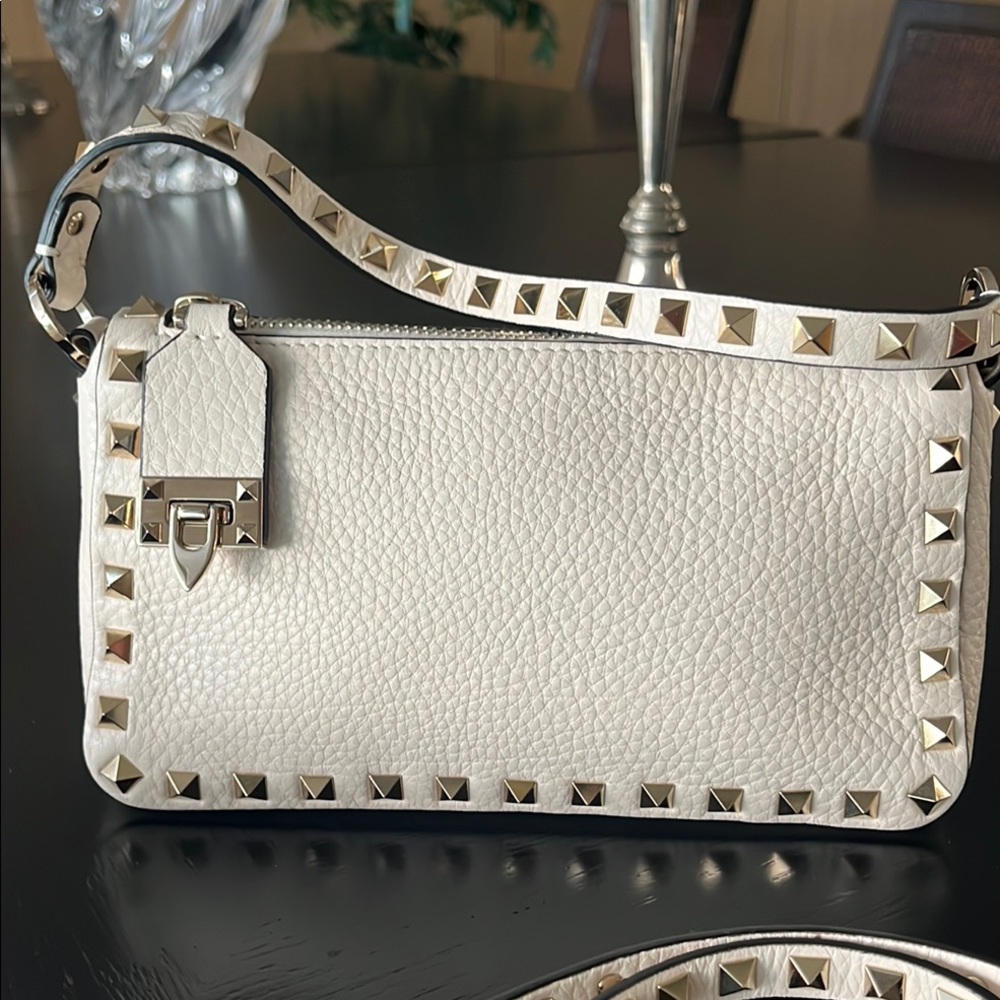 White Studded Leather Shoulder Bag - Women